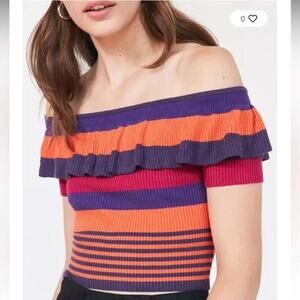 Urban Outfitters Kimchi Blue Riley Off Shoulder Ruffle Stripe Knit Top Medium